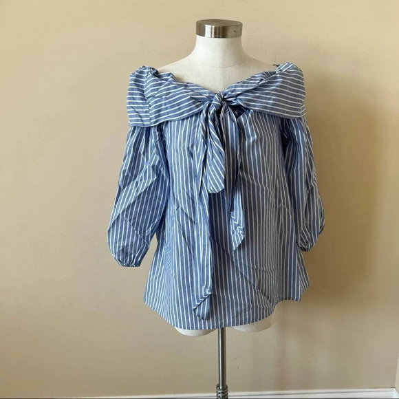 Pleione Off Shoulder Bow Top In Blue White Stripe Size S 14485 - Picture 5 of 11